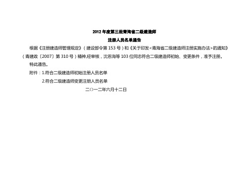 2012年度第三批青海省二级建造师注册人员名单