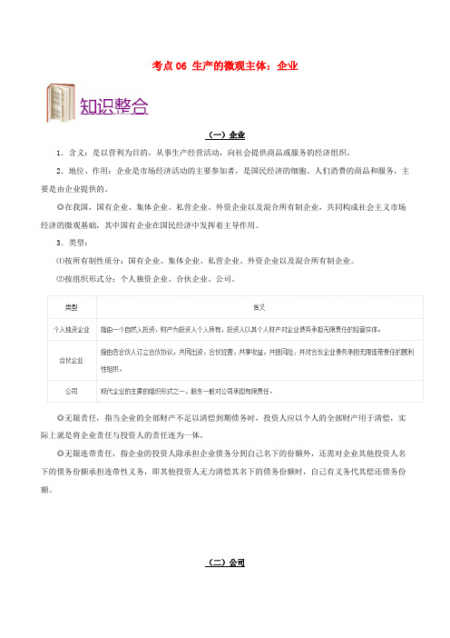 【教育资料精选】2019年高考政治考点一遍过考点06生产的微观主体：企业(含解析)