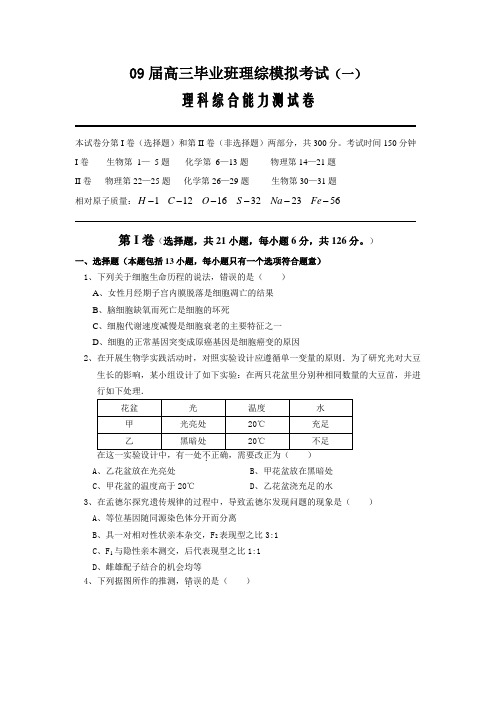 09届高三毕业班理综模拟考试