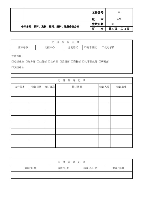 仓库备料、领料、发料、补料、退料、退货作业办法A1