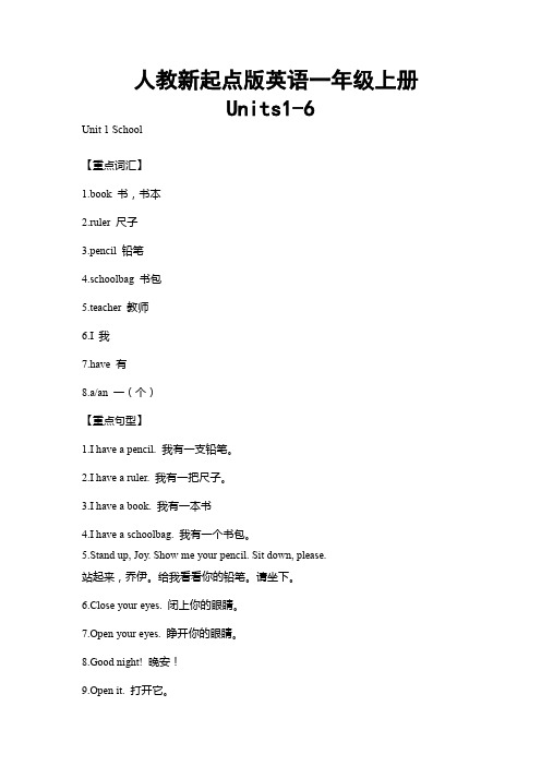 一年级上册英语素材 Unit1-Unit6 单元重点词汇与句型归纳总结 人教新起点版