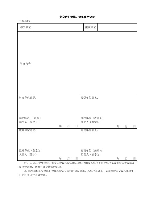 安全防护设施、设备移交记录