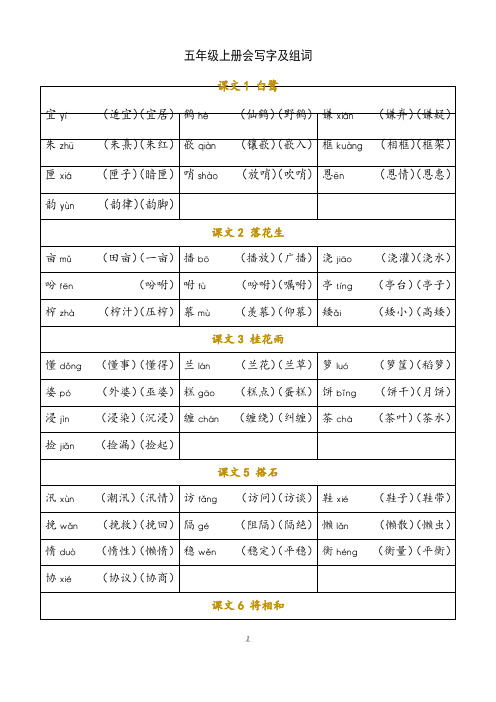 新人教部编版五年级语文上册 写字表