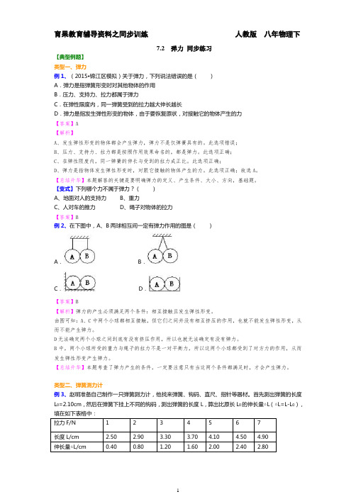 人教版八年物理下7.2 弹力  同步练习(附答案)