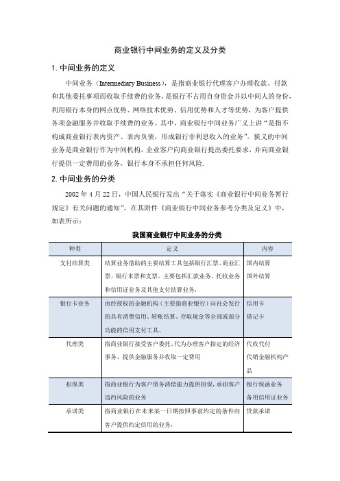 商业银行中间业务的定义及分类