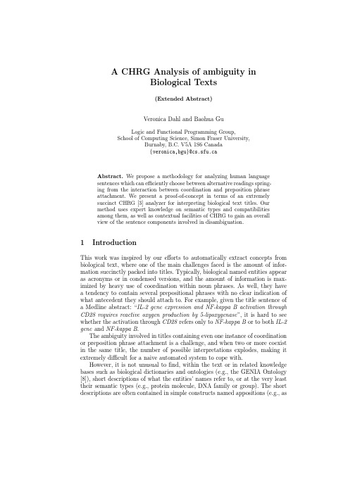 A CHRG Analysis of ambiguity in Biological Texts (Extended Abstract)