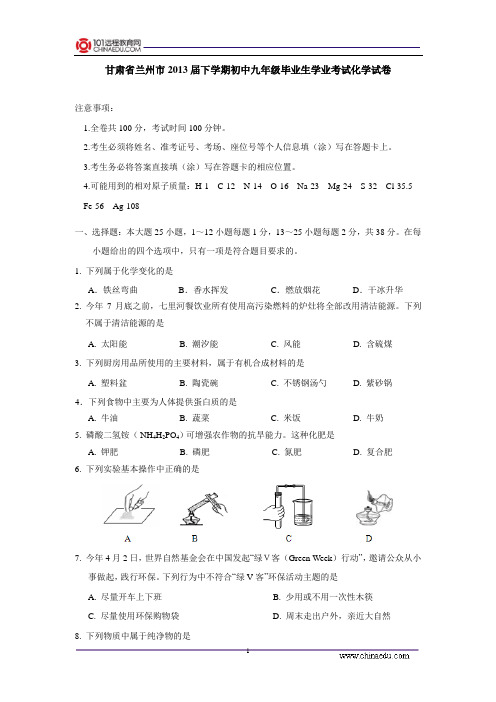 甘肃省兰州市2013届下学期初中九年级毕业生学业考试化学试卷