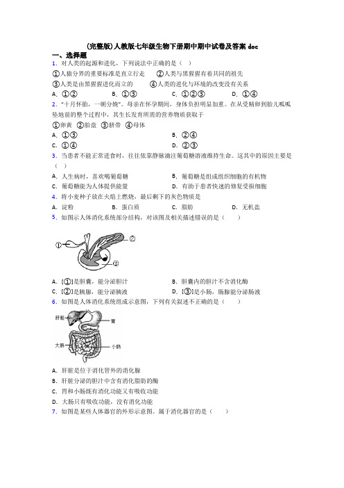 (完整版)人教版七年级生物下册期中期中试卷及答案doc