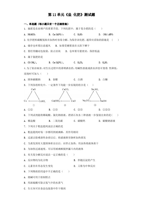 人教版化学九年级下册第11单元《盐 化肥》测试题(含答案)