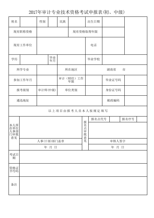 2017年审计专业技术资格考试申报表(初、中级)