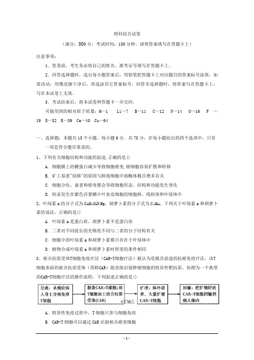 西藏拉萨中学2020届高三第六次月考理科综合试题 Word版含答案