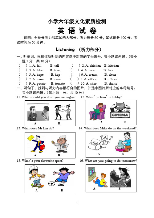 小学六年级文化素质检测英语试题及答案