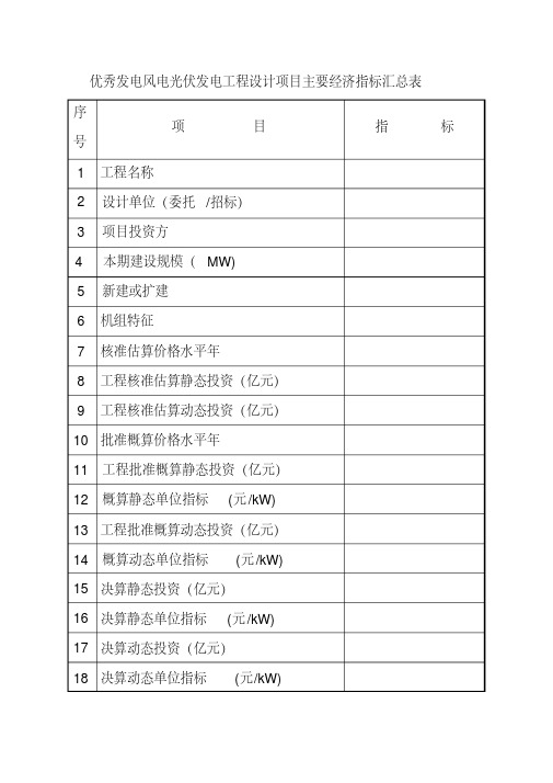 优秀发电风电光伏发电工程设计项目主要经济指标汇总表