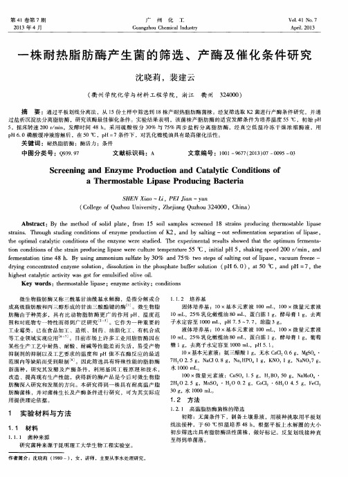 一株耐热脂肪酶产生菌的筛选、产酶及催化条件研究