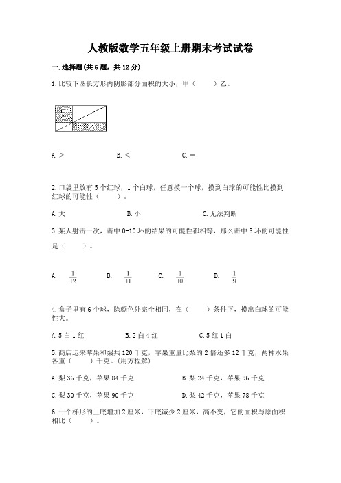 人教版数学五年级上册期末考试试卷含答案(精练)