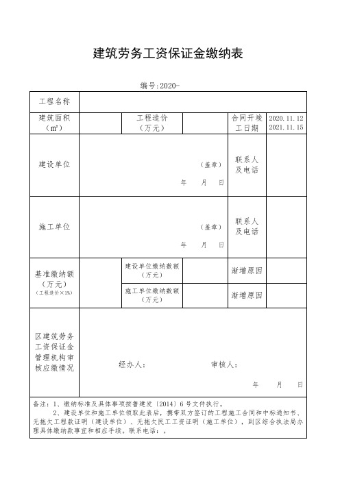 建筑劳务工资保证金缴纳表(施工单位)