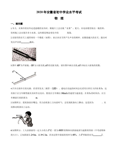 2020年安徽省中考物理试题及答案解析