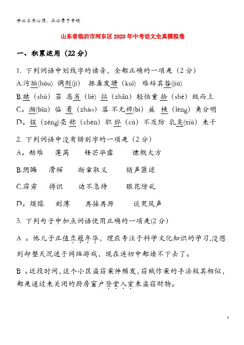 山东省临沂市河东区2020年中考语文全真模拟卷(含解析)