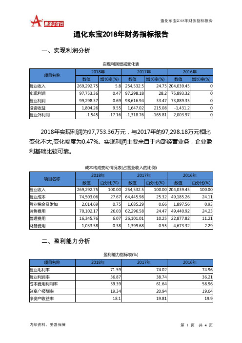 通化东宝2018年财务指标报告-智泽华