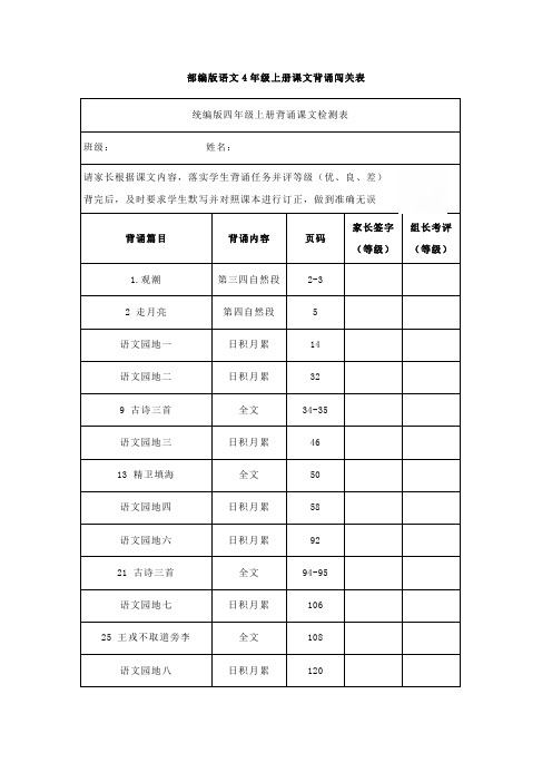 部编版语文四年级上册课文背诵闯关表(附必背课文内容)