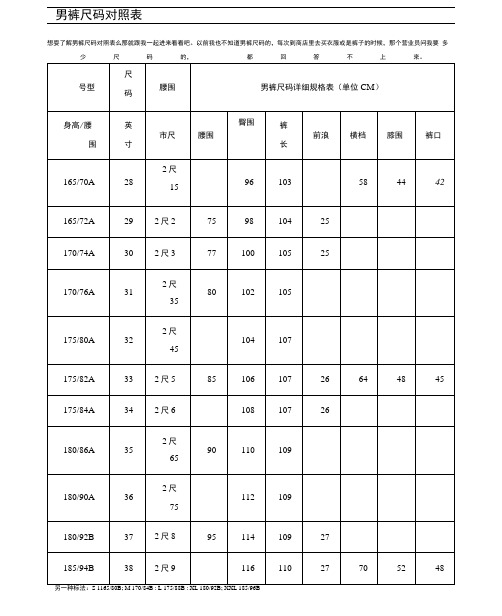 男裤尺码对照表