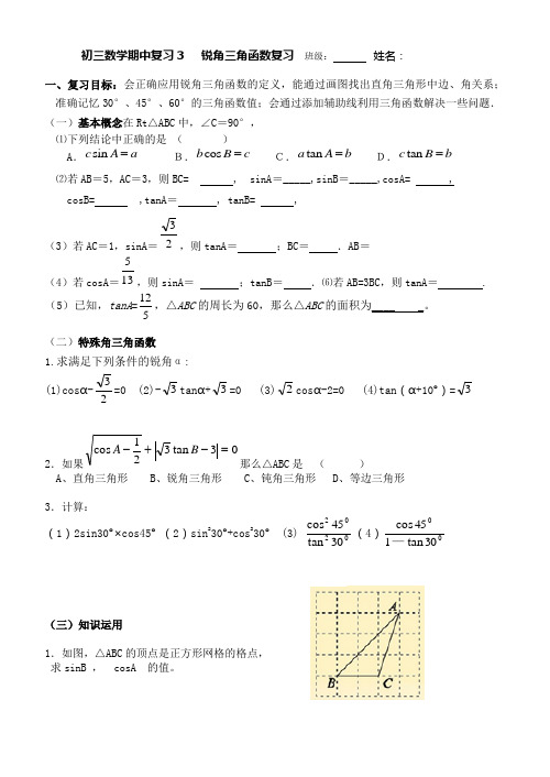 苏科版九年级下册数学学案设计 第7章锐角三角函数复习(无答案)