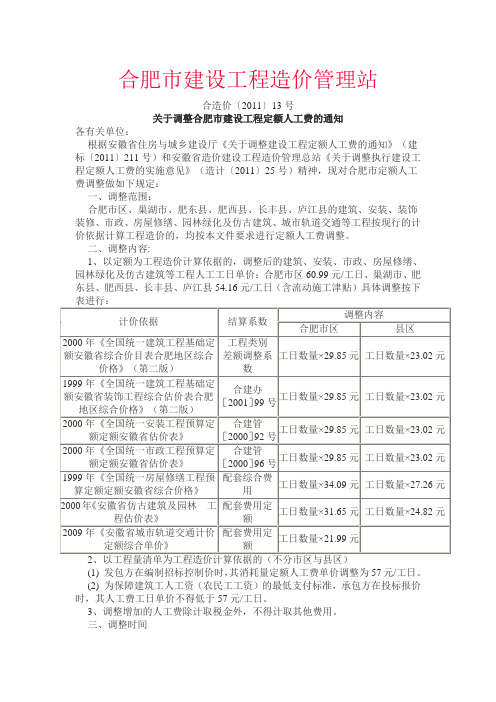 合肥市建设工程人工费调整文件