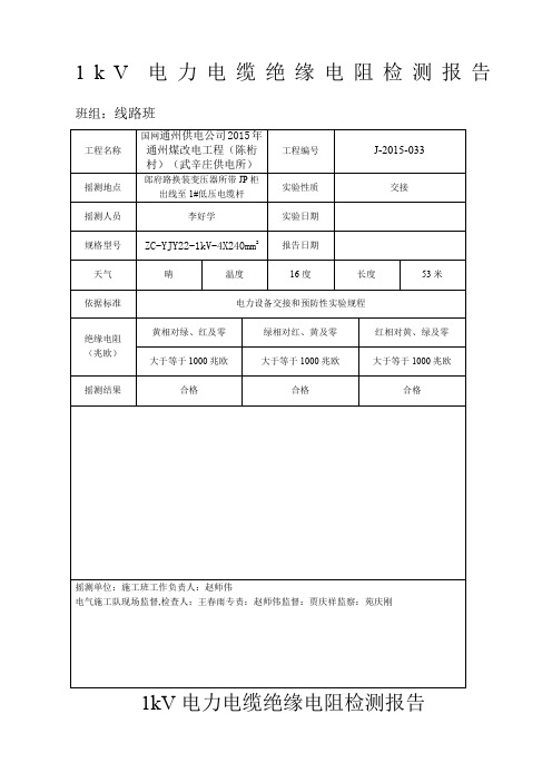 1kV电力电缆绝缘电阻检测报告