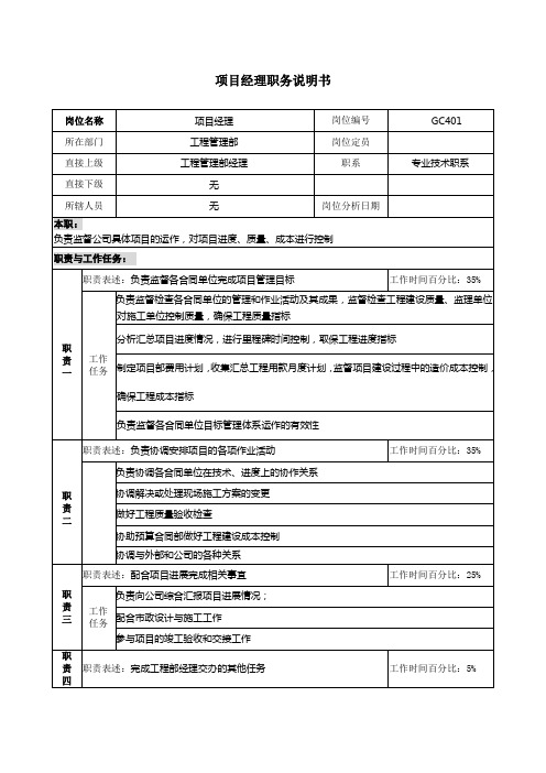 某地产企业项目经理岗位说明书及kpi指标.doc