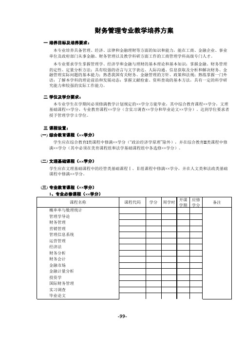 财务管理专业教学培养方案模板