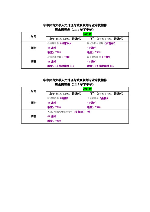 华中师范大学人文地理与城乡规划专业20142015级跨校辅修课程表