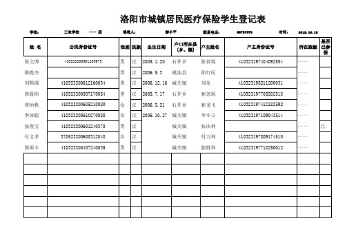 一二年级2012年度新参保学生登记表