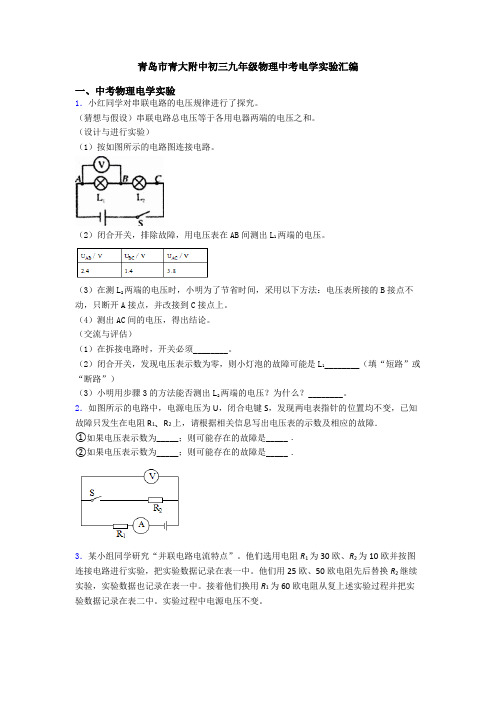 青岛市青大附中初三九年级物理中考电学实验汇编