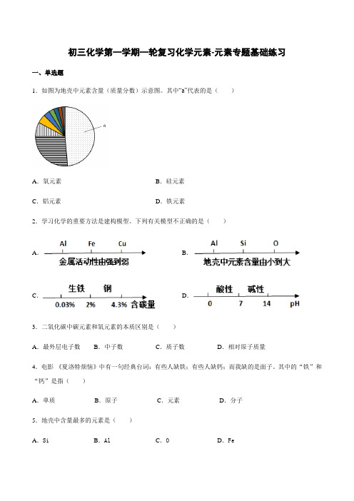 初三化学第一学期一轮复习化学元素-元素专题基础练习【含答案】