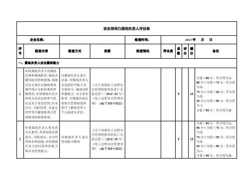 安全生产分级分类监管实施方案评估表——安全领导力属地负责人评估表