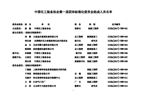 中国化工装备协会第一届团体标准化委员会组成人员名单