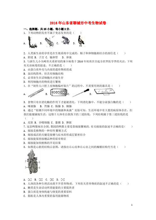 山东省聊城市2016年中考生物真题试题(含解析)