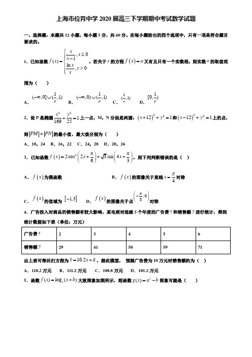 【附加15套高考模拟试卷】上海市位育中学2020届高三下学期期中考试数学试题含答案