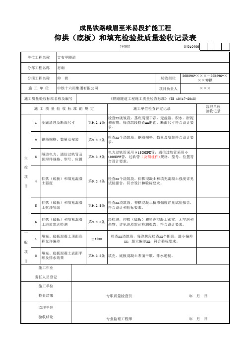 [隧道]仰拱(底板)和填充检验批质量验收记录表(2019年新验标范本)