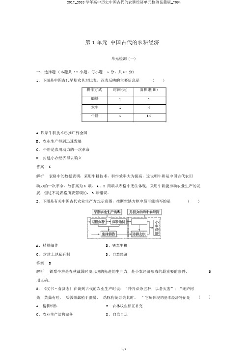 2017_2018学年高中历史中国古代的农耕经济单元检测岳麓版_7094