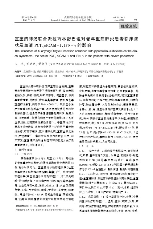 宣壅清肺汤联合哌拉西林舒巴坦对老年重症肺炎患者临床症状及血清PCT、sICAM-1、IFN-γ的影响