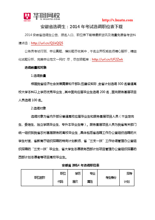 安徽省选调生:2014年考试选调职位表下载