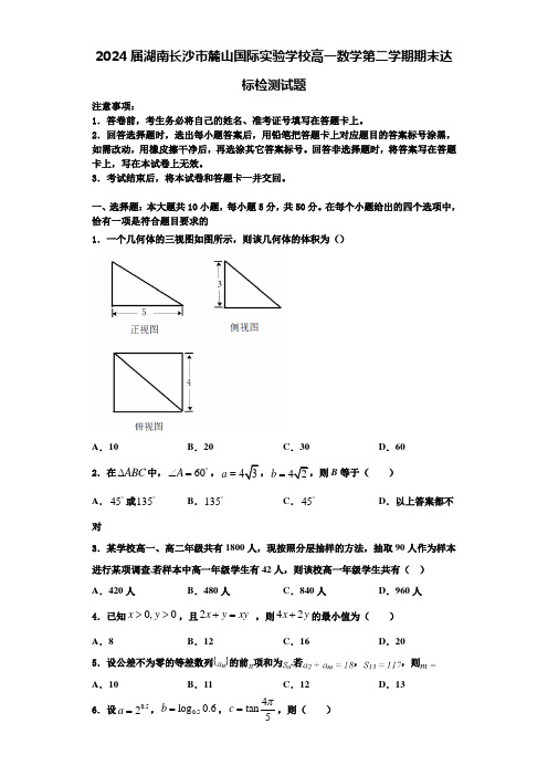 2024届湖南长沙市麓山国际实验学校高一数学第二学期期末达标检测试题含解析