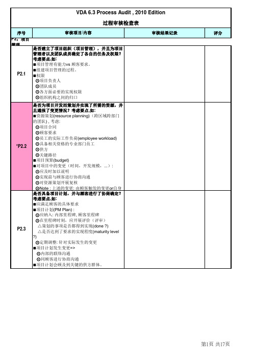 汽车产品VDA6.3过程审核检查表及评分标准