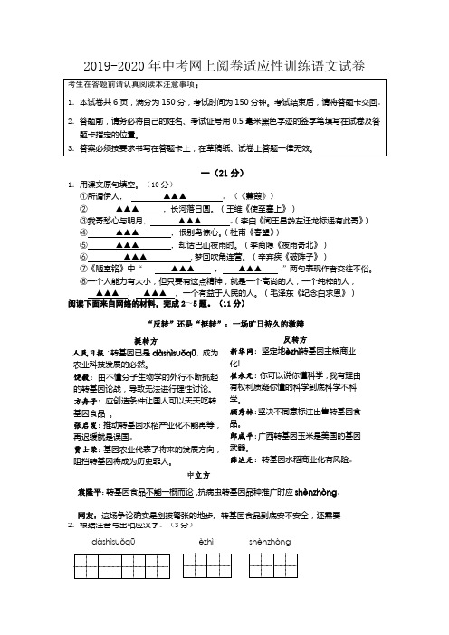 2019-2020年中考网上阅卷适应性训练语文试卷