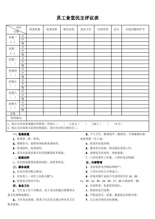 员工食堂民主评议表