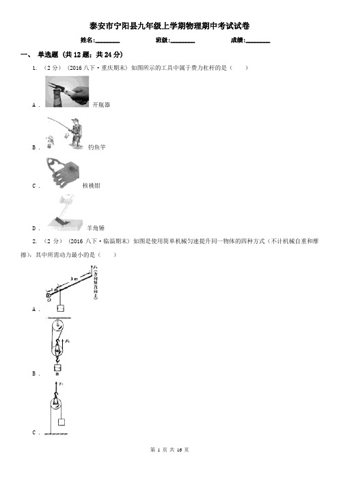 泰安市宁阳县九年级上学期物理期中考试试卷