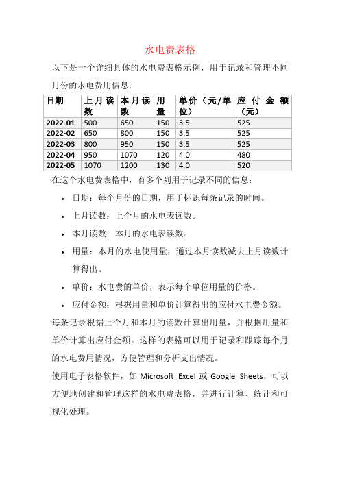 wps 水电费表格