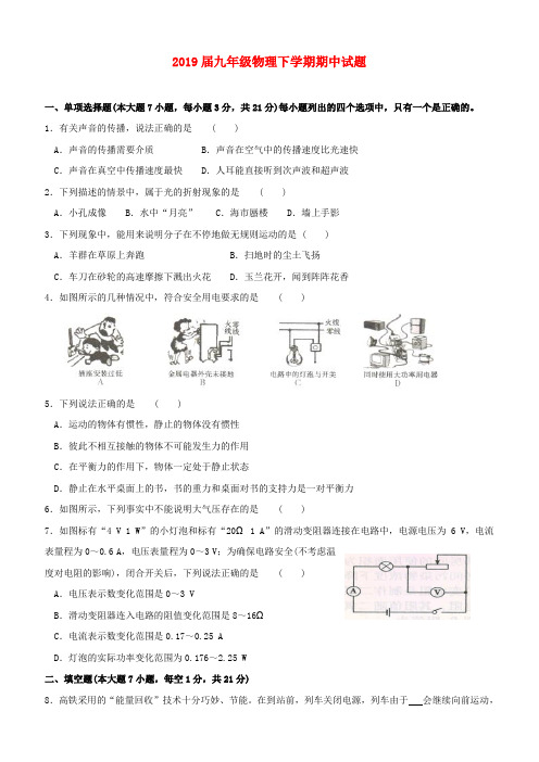 广东省广州大学附属东江中学2019届九年级物理下学期期中试题新人教版含答案