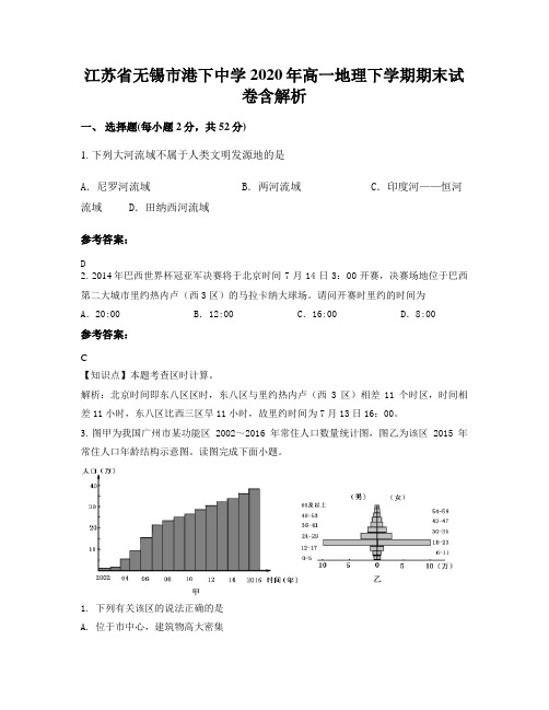 江苏省无锡市港下中学2020年高一地理下学期期末试卷含解析